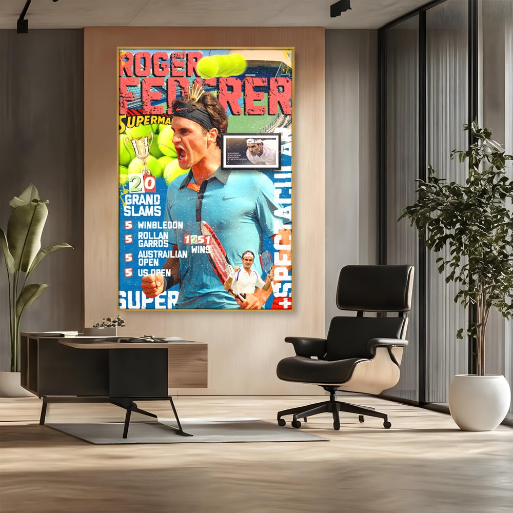 Tablou canvas cu tablou canvas cu roger federer si racheta de tenis, in rama de aluminiu auriu, pe perete intr-un birou